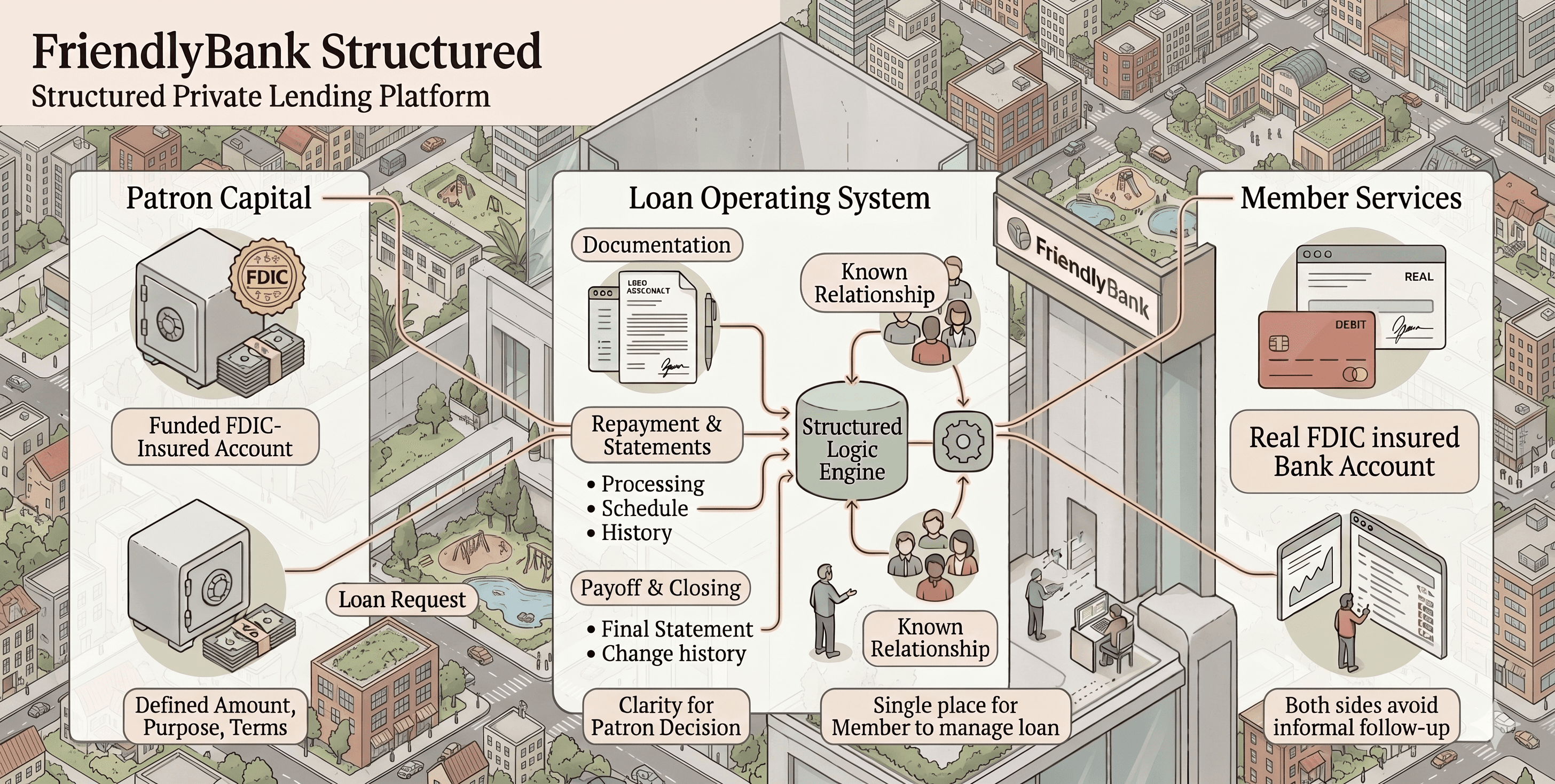 Illustration explaining how Friendly Bank connects Patron capital, the loan operating system, and Member services.