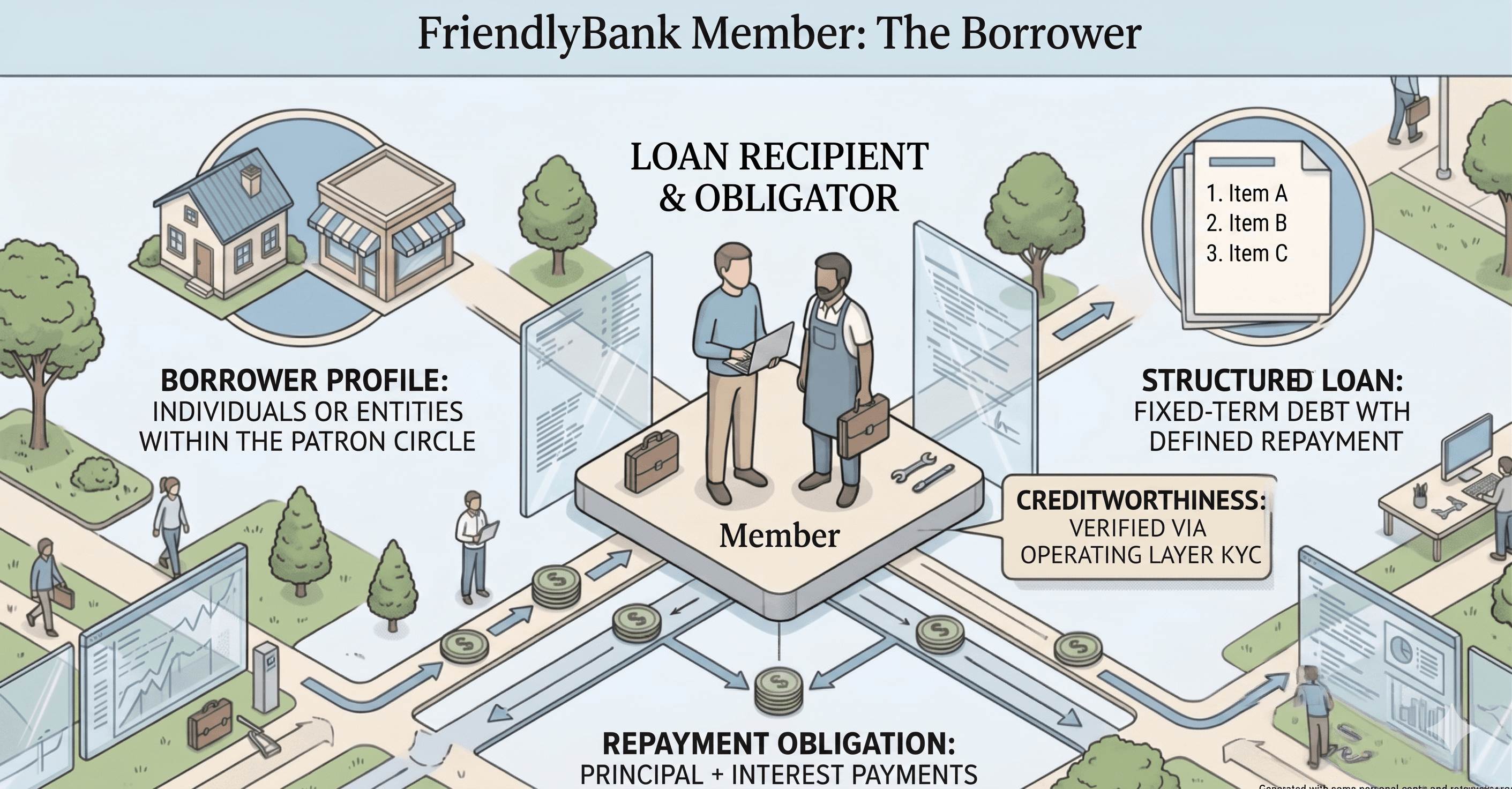Illustration explaining the Member role as borrower, obligor, and repayment party inside a Patron's Circle.