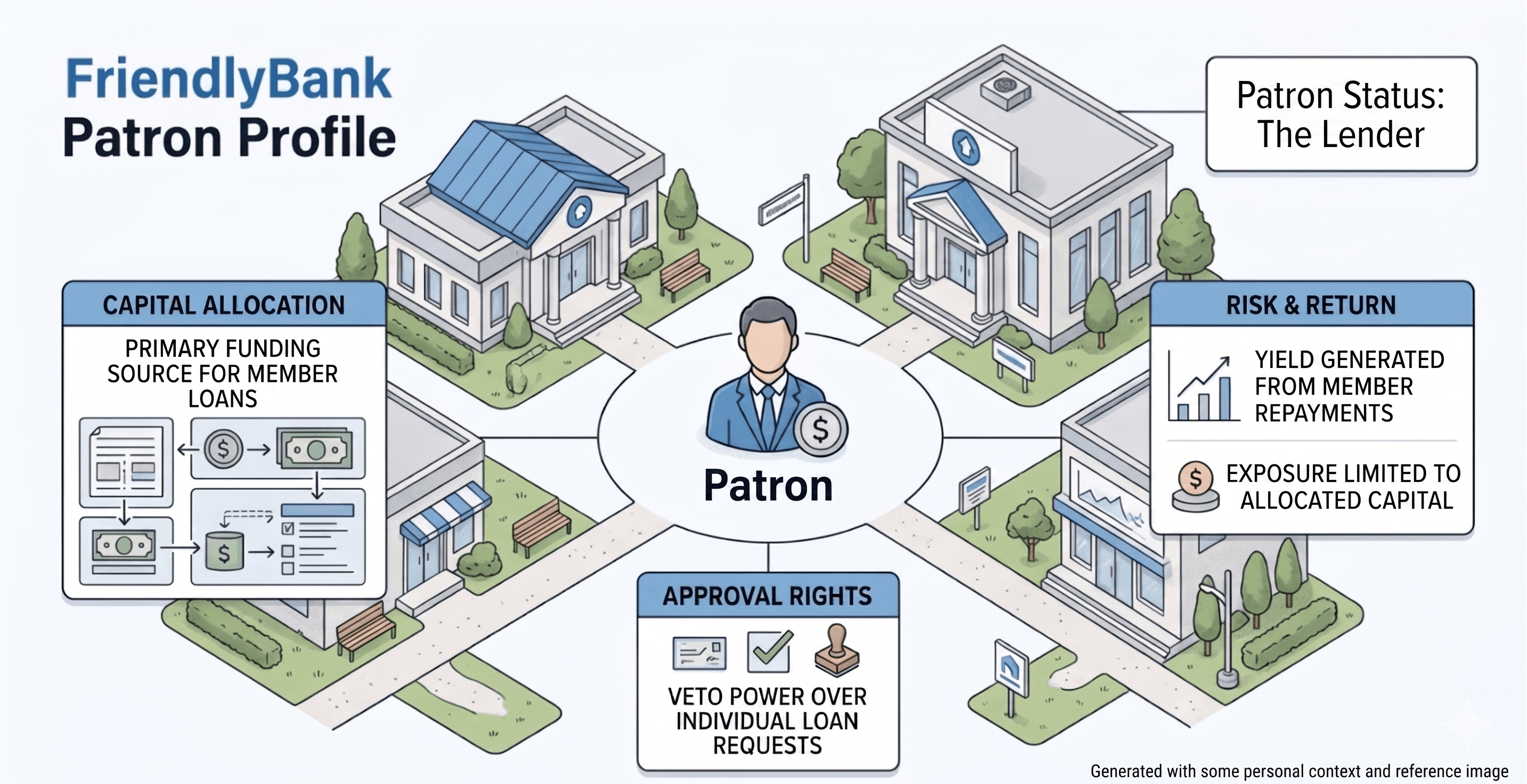 Illustration explaining the Patron role, including capital allocation, approval rights, and risk exposure.